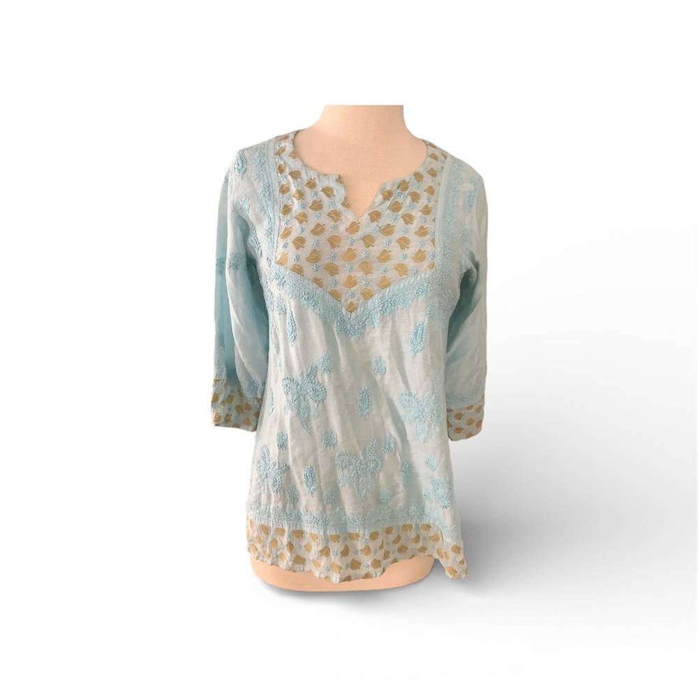 Chic Boho embroidered Light Blue and Gold Women's Tunic